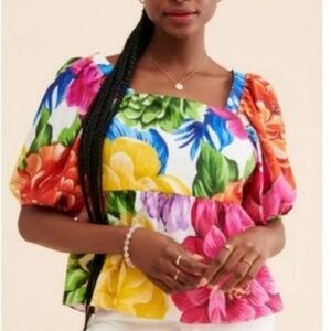 FARM RIO MULTICOLOR FLORAL CHITA EMPIRE WAIST BLOUSE.